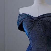  Navy Blue Strapless Sweetheart Neck  Off the Shoulder Glitter A Line Long Prom Party Dress - Thumbnail 3