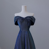  Navy Blue Strapless Sweetheart Neck  Off the Shoulder Glitter A Line Long Prom Party Dress - Thumbnail 7