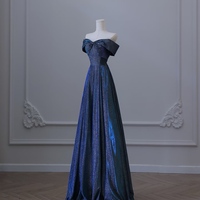  Navy Blue Strapless Sweetheart Neck  Off the Shoulder Glitter A Line Long Prom Party Dress - Thumbnail 1