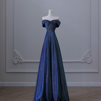  Navy Blue Strapless Sweetheart Neck  Off the Shoulder Glitter A Line Long Prom Party Dress - Thumbnail 2