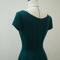 Simple style Dark Green Satin Cap Sleeves Sheath Tea length Evening Dress - Thumbnail 4