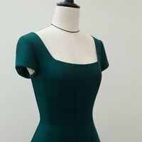 Simple style Dark Green Satin Cap Sleeves Sheath Tea length Evening Dress - Thumbnail 5