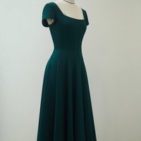Simple style Dark Green Satin Cap Sleeves Sheath Tea length Evening Dress - Thumbnail 6