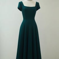 Simple style Dark Green Satin Cap Sleeves Sheath Tea length Evening Dress - Thumbnail 1