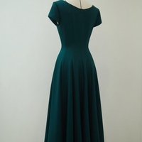 Simple style Dark Green Satin Cap Sleeves Sheath Tea length Evening Dress - Thumbnail 7