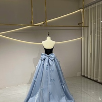 Light Blue Strapless Satin Tulle Satin Long Prom Dress, Beautiful A-Line Princess Dress with Bow  - Thumbnail 1