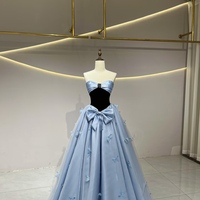 Light Blue Strapless Satin Tulle Satin Long Prom Dress, Beautiful A-Line Princess Dress with Bow  - Thumbnail 3