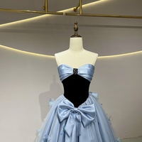 Light Blue Strapless Satin Tulle Satin Long Prom Dress, Beautiful A-Line Princess Dress with Bow  - Thumbnail 4