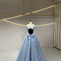 Light Blue Strapless Satin Tulle Satin Long Prom Dress, Beautiful A-Line Princess Dress with Bow  - Thumbnail 5