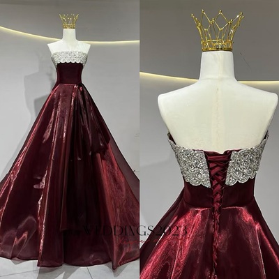 Burgundy a-line strapless organza  long prom dress, burgundy long evening dress