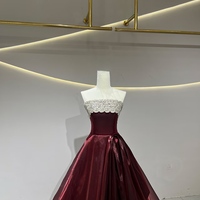 Burgundy A-Line Strapless Organza  Long Prom Dress, Burgundy Long Evening Dress - Thumbnail 3