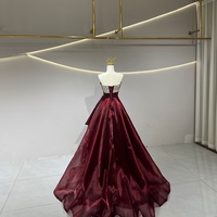 Burgundy A-Line Strapless Organza  Long Prom Dress, Burgundy Long Evening Dress - Thumbnail 1