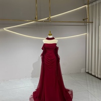 Strapless Long Sleeves Mermaid Chiffon Off Shoulder Evening Dress with Bow Burgundy Prom Dress - Thumbnail 1