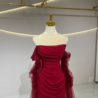 Strapless Long Sleeves Mermaid Chiffon Off Shoulder Evening Dress with Bow Burgundy Prom Dress - Thumbnail 3