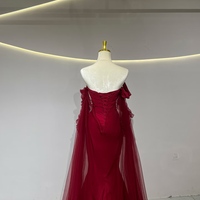 Strapless Long Sleeves Mermaid Chiffon Off Shoulder Evening Dress with Bow Burgundy Prom Dress - Thumbnail 4