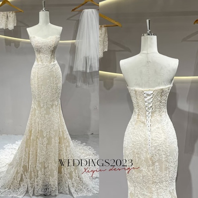 Lovely Champagne Off the Shoulder Mermaid Lace Wedding Bridal Dress, Unique Custom Reception Elopement Dress with Train 