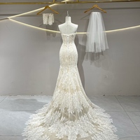 Lovely Champagne Off the Shoulder Mermaid Lace Wedding Bridal Dress, Unique Custom Reception Elopement Dress with Train  - Thumbnail 2