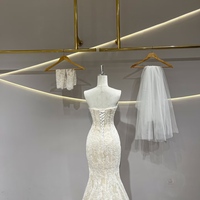 Lovely Champagne Off the Shoulder Mermaid Lace Wedding Bridal Dress, Unique Custom Reception Elopement Dress with Train  - Thumbnail 3