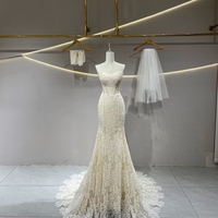 Lovely Champagne Off the Shoulder Mermaid Lace Wedding Bridal Dress, Unique Custom Reception Elopement Dress with Train  - Thumbnail 4