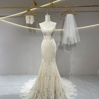 Lovely Champagne Off the Shoulder Mermaid Lace Wedding Bridal Dress, Unique Custom Reception Elopement Dress with Train  - Thumbnail 1