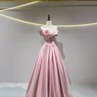 Lovely Pink Satin Long Prom Dresses, A-Line Off the Shoulder Formal Party Dresses - Thumbnail 1