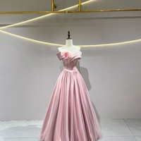 Lovely Pink Satin Long Prom Dresses, A-Line Off the Shoulder Formal Party Dresses - Thumbnail 4