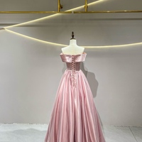 Lovely Pink Satin Long Prom Dresses, A-Line Off the Shoulder Formal Party Dresses - Thumbnail 3