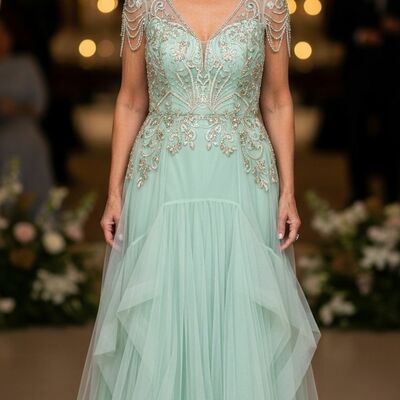 Simple tulle a line appliques beading mother of bride /groom dresses evening formal gown