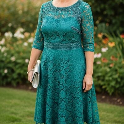 Green lace tea-length mother of bride /groom dresses evening formal gown