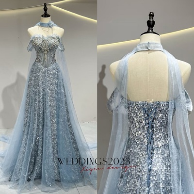 Lovely sliver strapless sweetheart neck a-line squein tulle beading evening dress 