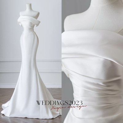 Simple ivory strapless mermaid pleated one shoulder wedding dress with train