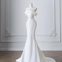 Simple Ivory Strapless Mermaid Pleated One Shoulder Wedding Dress with Train - Thumbnail 4