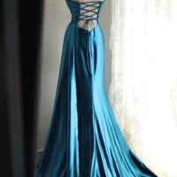 Blue Satin Simple Prom Party Dresses Unique Long Evening Dress - Thumbnail 3