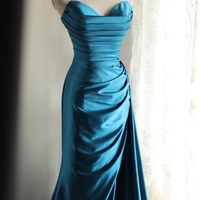 Blue Satin Simple Prom Party Dresses Unique Long Evening Dress - Thumbnail 2