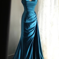 Blue Satin Simple Prom Party Dresses Unique Long Evening Dress - Thumbnail 1