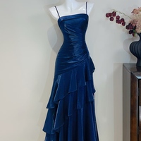 Sweet Spaghetti Strap Sheath Tulle Birthday Dresses, Navy Blue Formal Evening Dresses - Thumbnail 2