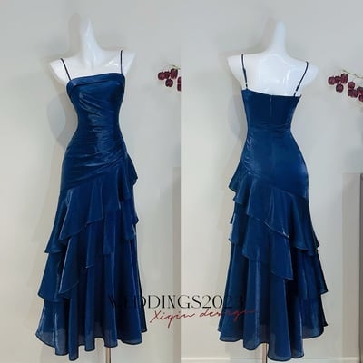 Sweet spaghetti strap sheath tulle birthday dresses, navy blue formal evening dresses