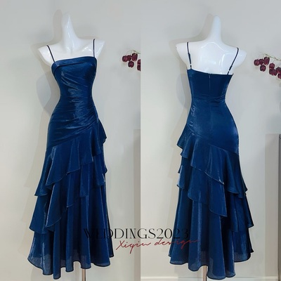 Sweet Spaghetti Strap Sheath Tulle Birthday Dresses, Navy Blue Formal Evening Dresses