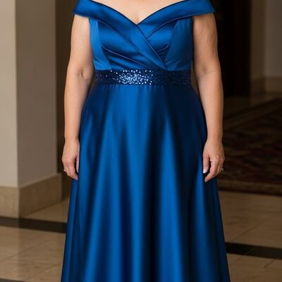 Royal blue off the shoulder tea-length mother of bride /groom dresses evening formal gown