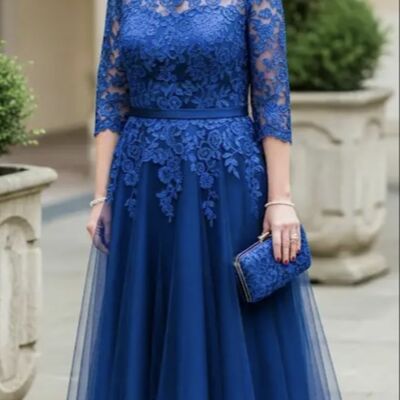 Royal blue lace tea-length mother of bride /groom dresses evening formal gown