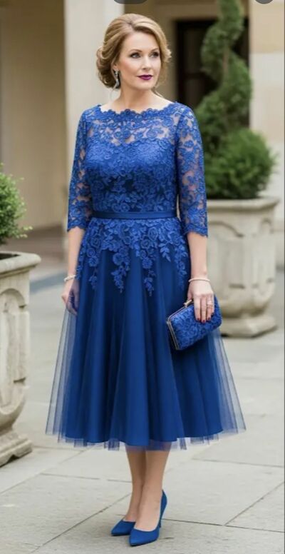 Royal Blue Lace Tea-length Mother Of Bride /Groom Dresses Evening Formal Gown