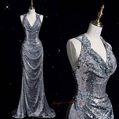 Sliver Shiny Prom Evening Dress V-neck Sleeveless Backless Sequin Pleated Floor