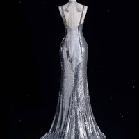 Sliver Shiny Prom Evening Dress V-neck Sleeveless Backless Sequin Pleated Floor - Thumbnail 2