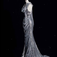 Sliver Shiny Prom Evening Dress V-neck Sleeveless Backless Sequin Pleated Floor - Thumbnail 5