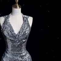 Sliver Shiny Prom Evening Dress V-neck Sleeveless Backless Sequin Pleated Floor - Thumbnail 6