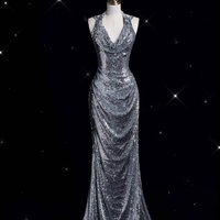 Sliver Shiny Prom Evening Dress V-neck Sleeveless Backless Sequin Pleated Floor - Thumbnail 1