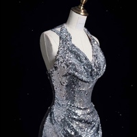 Sliver Shiny Prom Evening Dress V-neck Sleeveless Backless Sequin Pleated Floor - Thumbnail 7