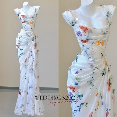 Sexy mermaid straps chiffon floral evening gowns long prom dresses