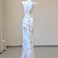 Sexy Mermaid Straps Chiffon Floral Evening Gowns Long Prom Dresses - Thumbnail 2