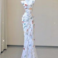 Sexy Mermaid Straps Chiffon Floral Evening Gowns Long Prom Dresses - Thumbnail 5